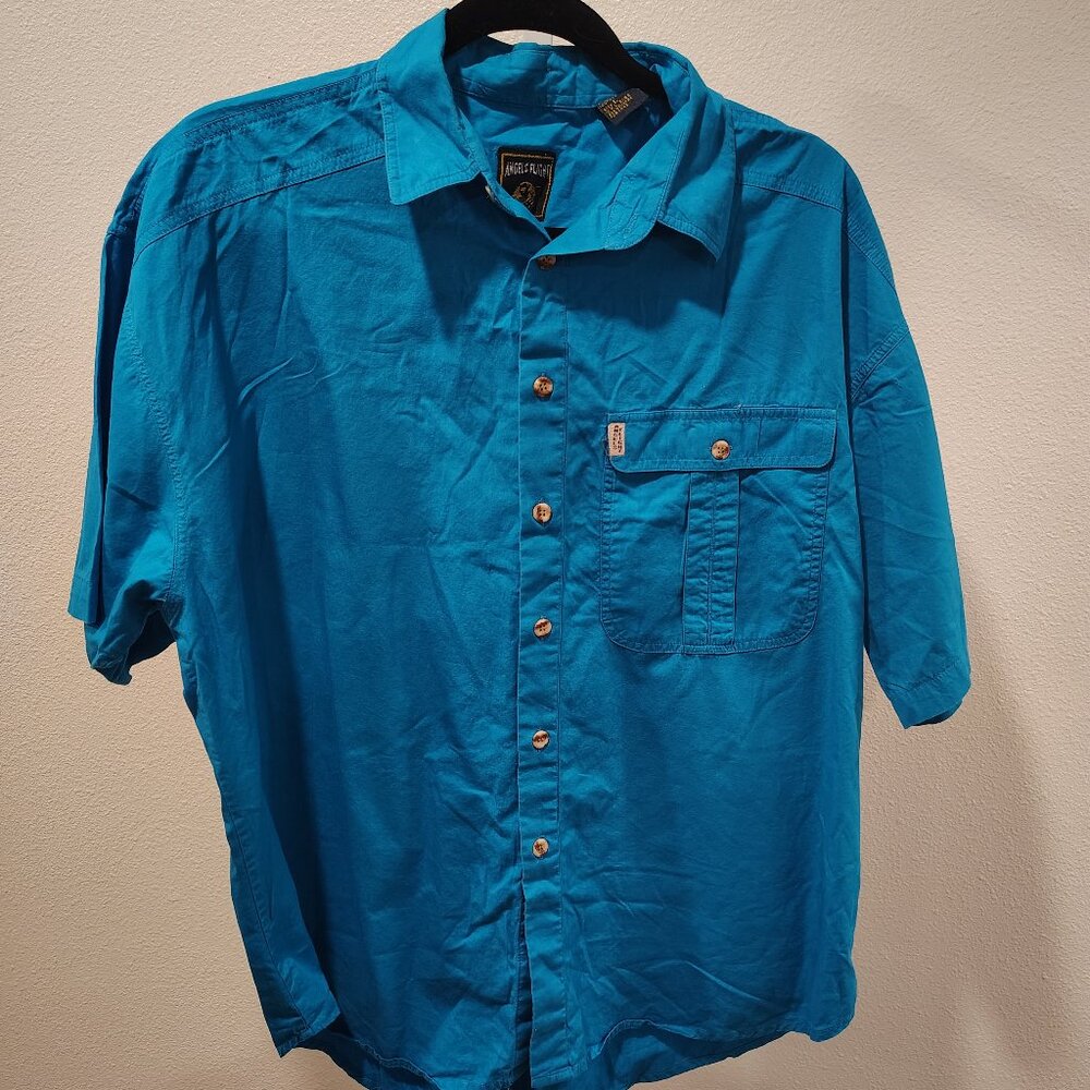 Angels Flight Men's Button Front Short Sleeve Shirt Size Large Cotton Blue